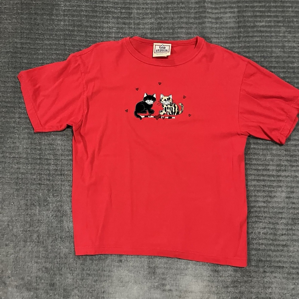 Vintage Top Stitch by Morning Sun Kitty Cat Embroidered Red Shirt Women's Large